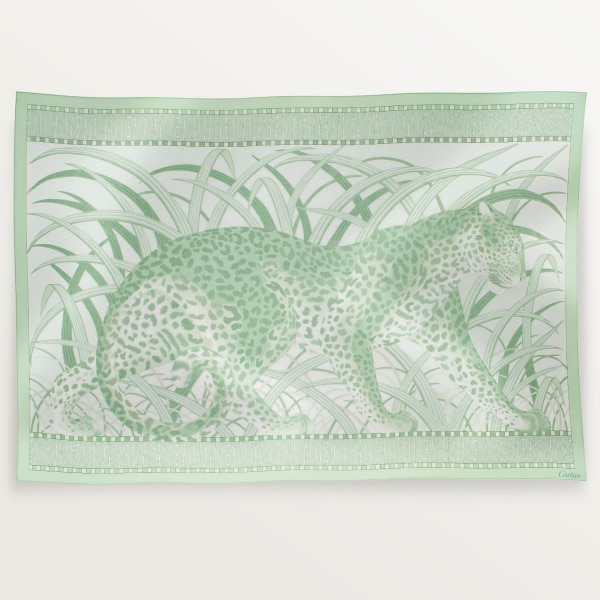 Rectangular scarf, Panther in the Jungle  Sage green cotton and silk twill