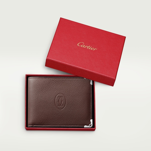 Must de Cartier系列小皮具，短款皮夹 巧克力色小牛皮，镀钯饰面