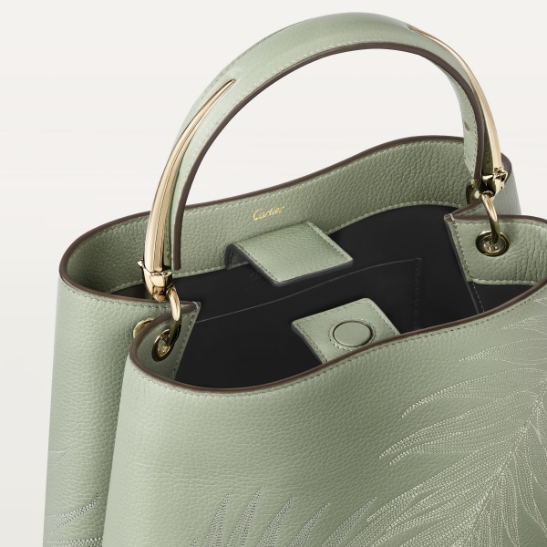 Small model handle bag, Panthère de Cartier Sage green calfskin and jungle embroidery, golden finish