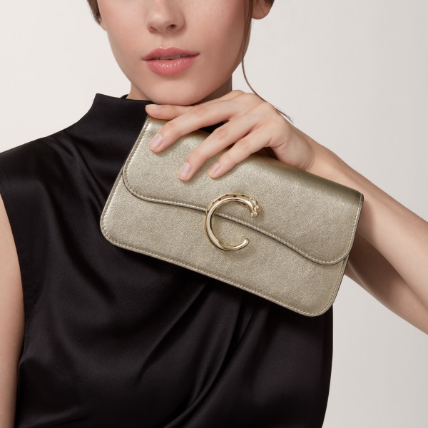 Chain bag mini, Panthère de Cartier Golden metallic calfskin, golden and black enamel finish