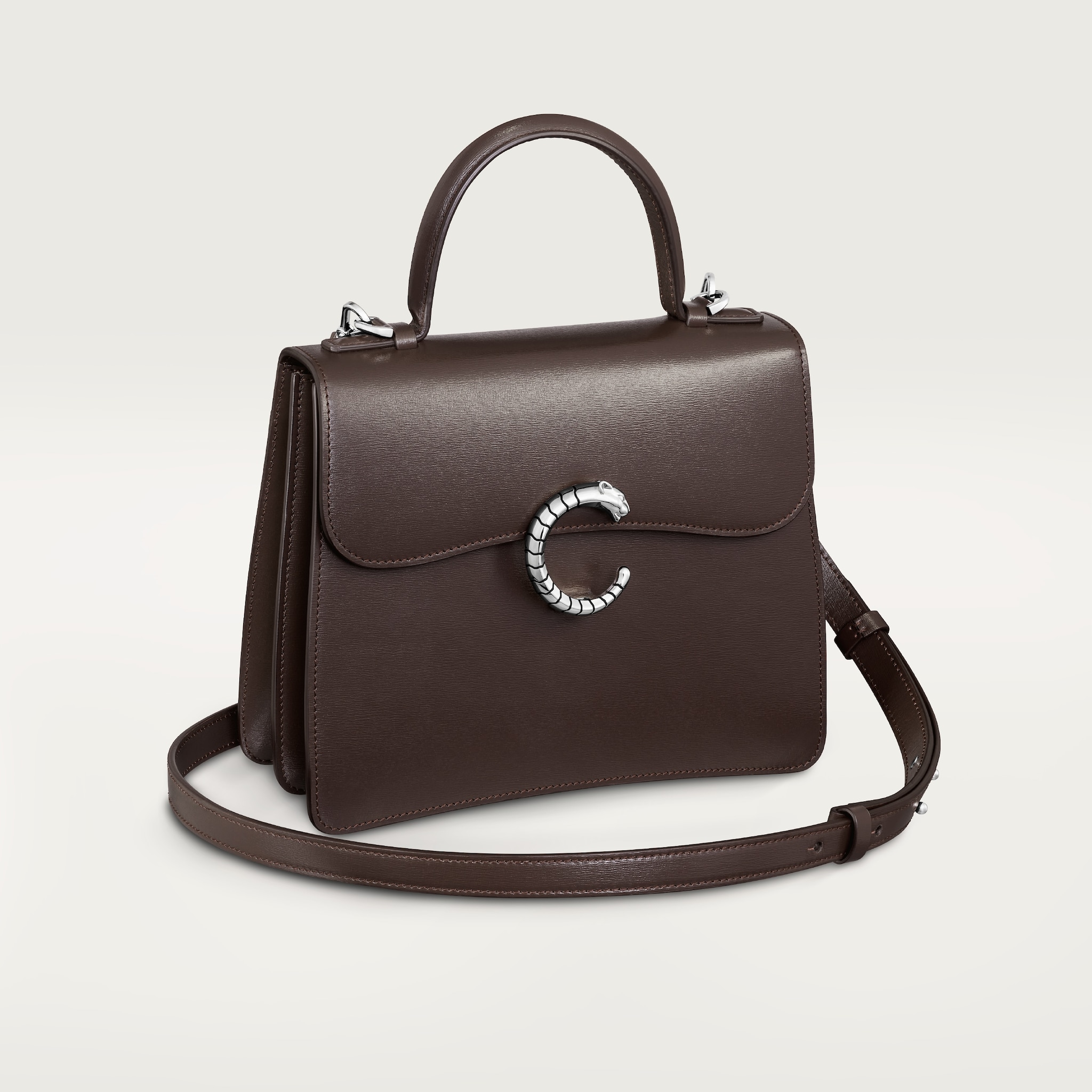 Top handle bag small model, Panthère de CartierTonka brown calfskin, palladium finish, zebra motif