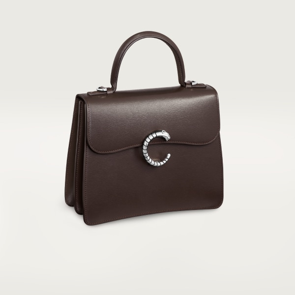 Top handle bag small model, Panthère de Cartier Tonka brown calfskin, palladium finish, zebra motif