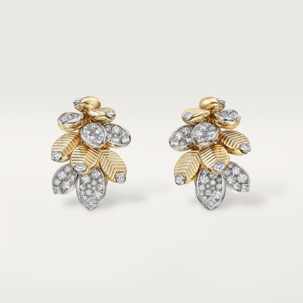 Grain de Café earrings, semi-paved Yellow gold, platinum, diamonds