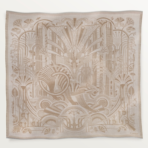 Shawl, Panthère Art Déco Beige wool and cashmere