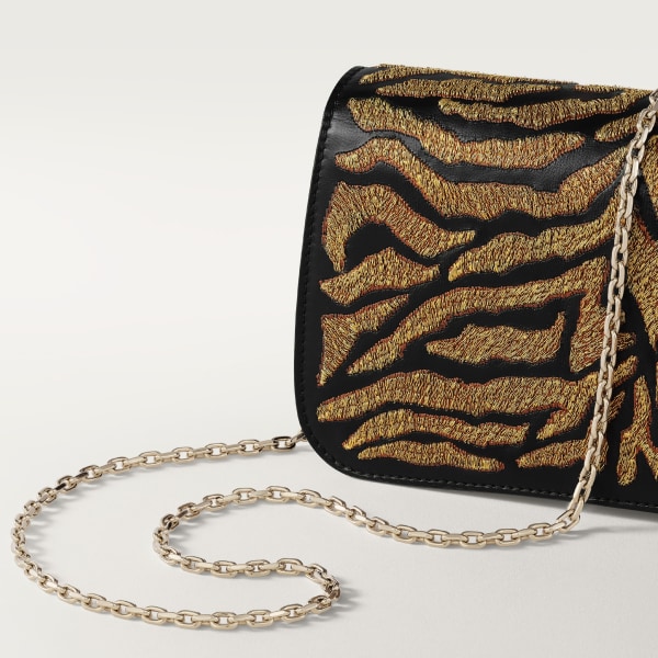 Mini model chain bag, Panthère C de Cartier Black calfskin and golden thread embroidery with tiger motif