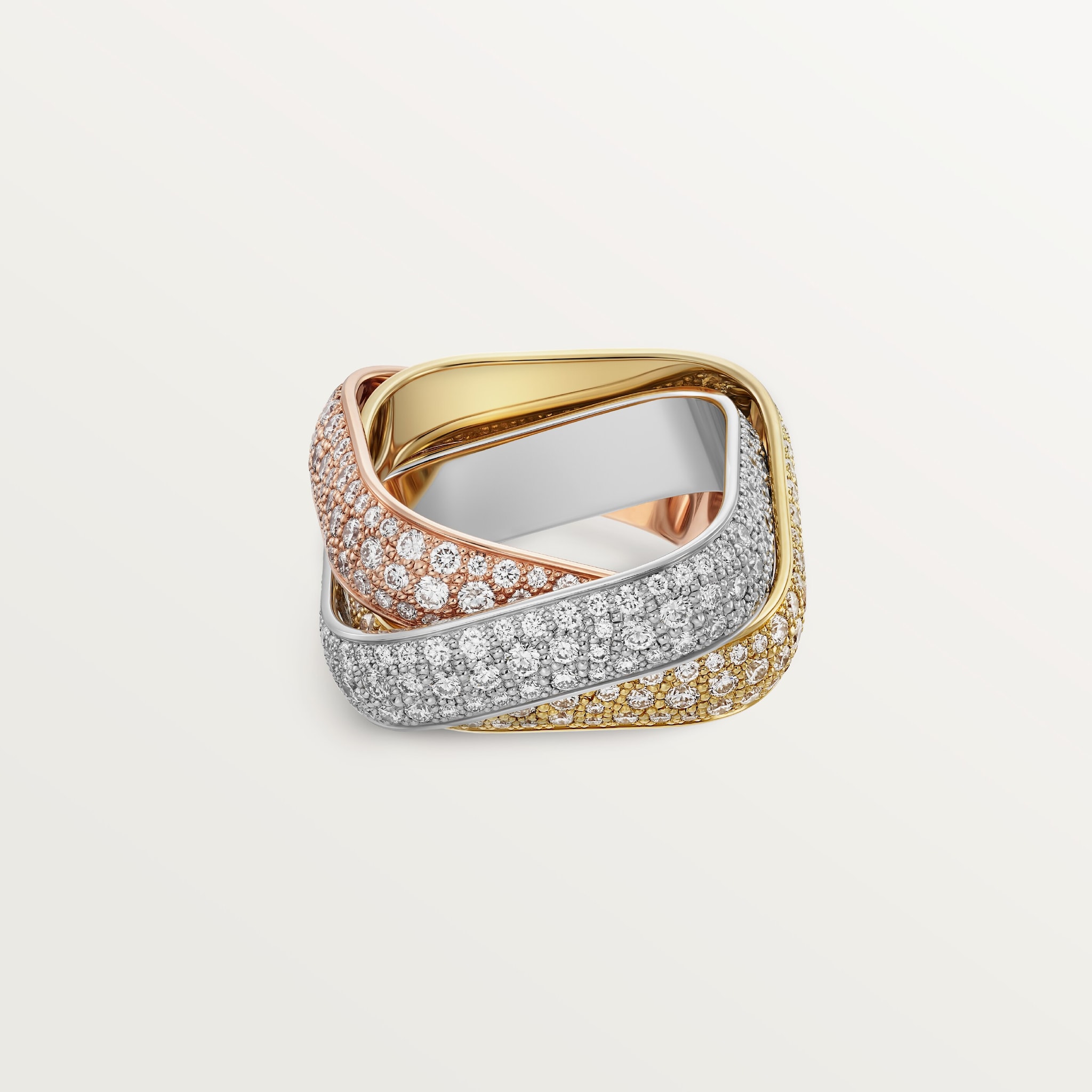 Trinity cushion ring, large model, pavedWhite gold, yellow gold, rose gold