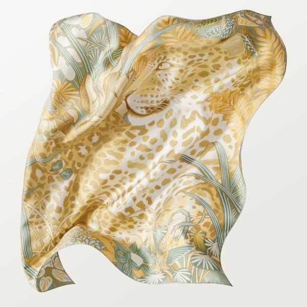 90 Scarf, Panther in the Jungle Sage green & mimosa yellow silk twill