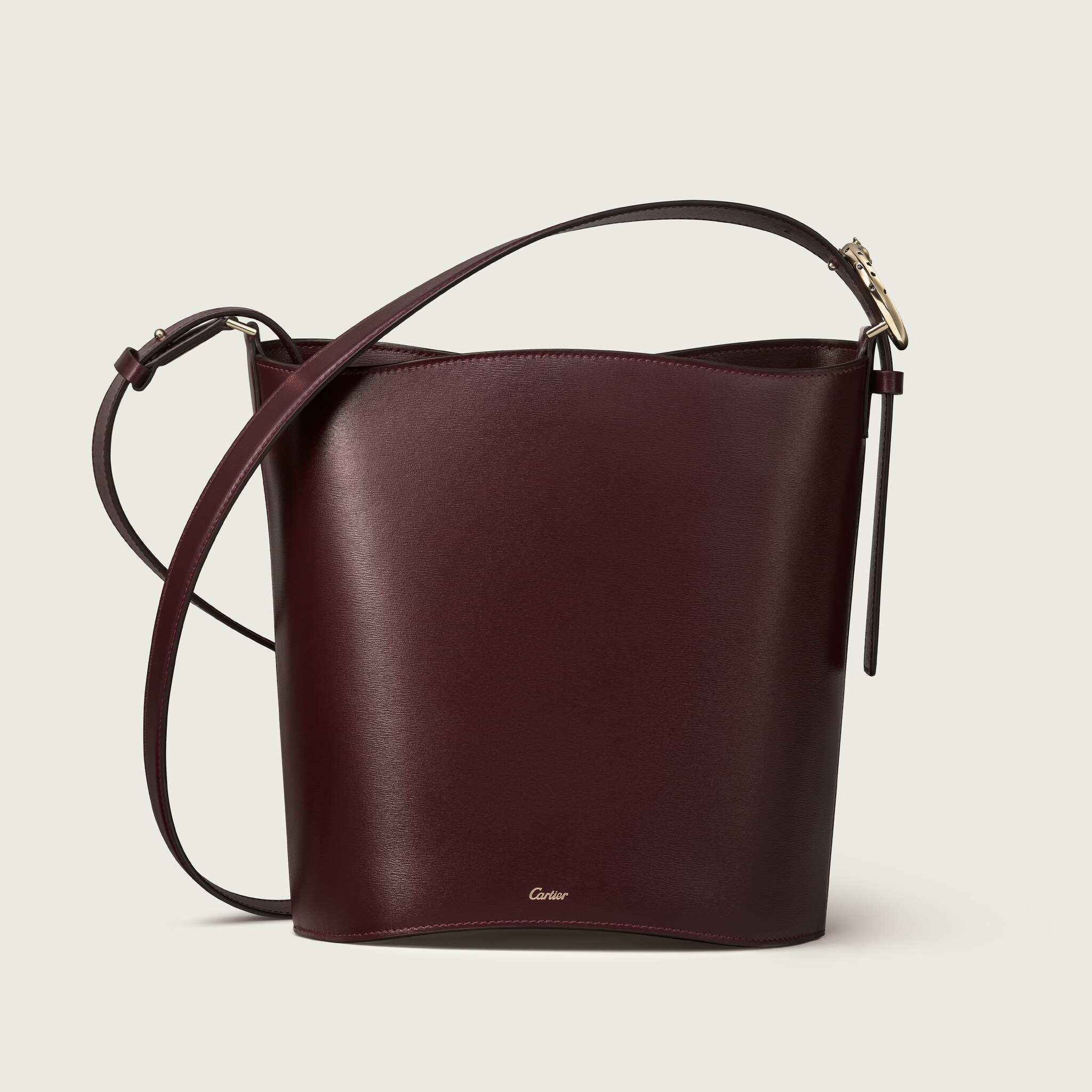 Small model bucket bag, Panthère C de CartierGrape grained calfskin, golden finish