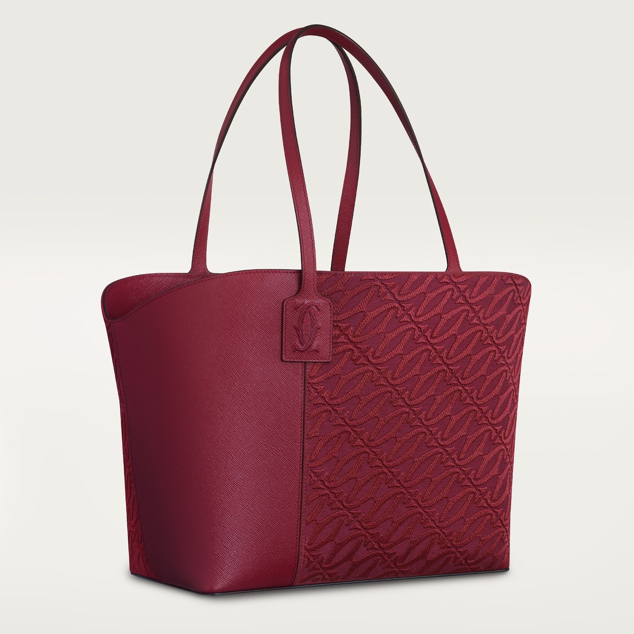 Tote bag, C de CartierCherry red textured calfskin and embroidery, golden finish