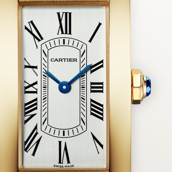 Tank Américaine watch Small model, quartz movement, yellow gold, leather