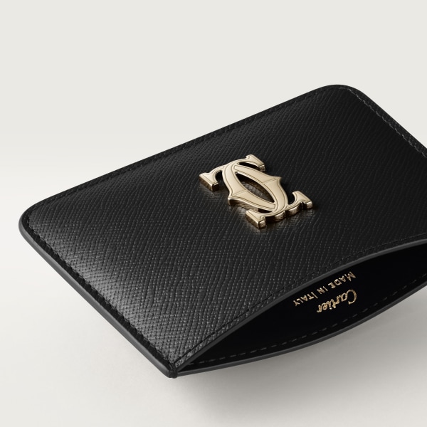 Simple card holder, C de Cartier Black textured calfskin, golden finish