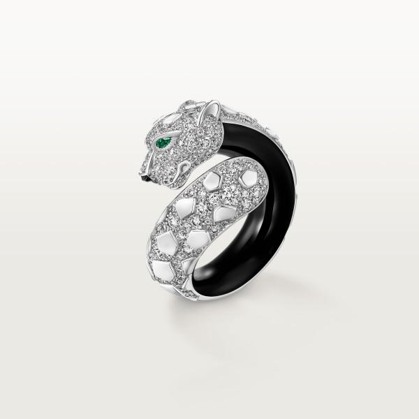 Panthère de Cartier ring, black lacquer, paved White gold, black lacquer, onyx, emeralds, diamonds