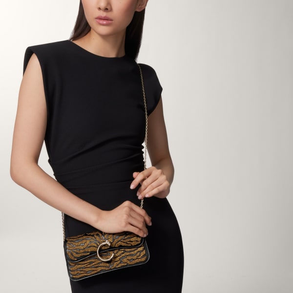 Mini bag, Panthère C Black calfskin and golden thread embroidery with tiger motif