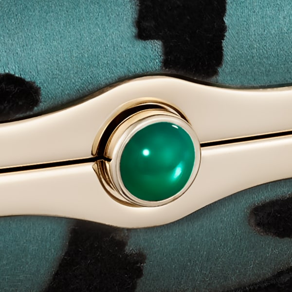 Square bag, Cartier Soir Emerald green silk satin with black velvet-effect floral motif, green onyx and golden finish