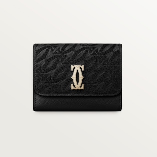 Mini wallet, C de Cartier Black textured calfskin, embroidery, golden finish