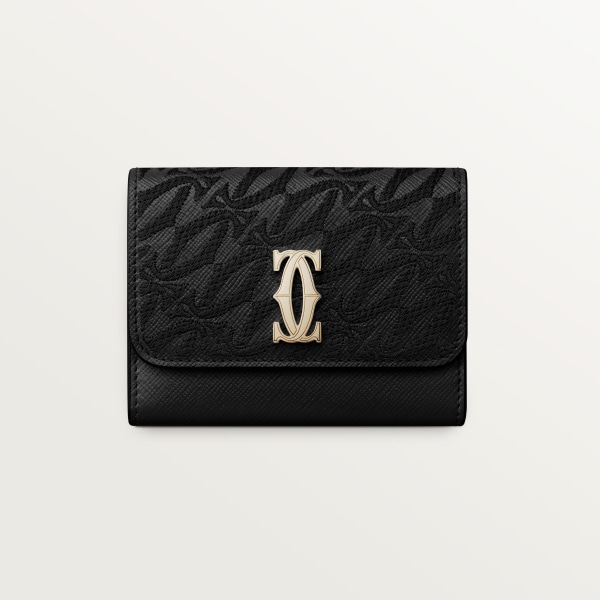 Mini wallet, C de Cartier Black textured calfskin, embroidery, golden finish