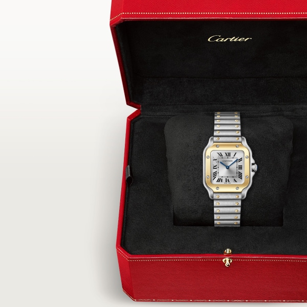 Santos de Cartier watch Small model, quartz movement, yellow gold and steel, interchangeable metal and leather straps