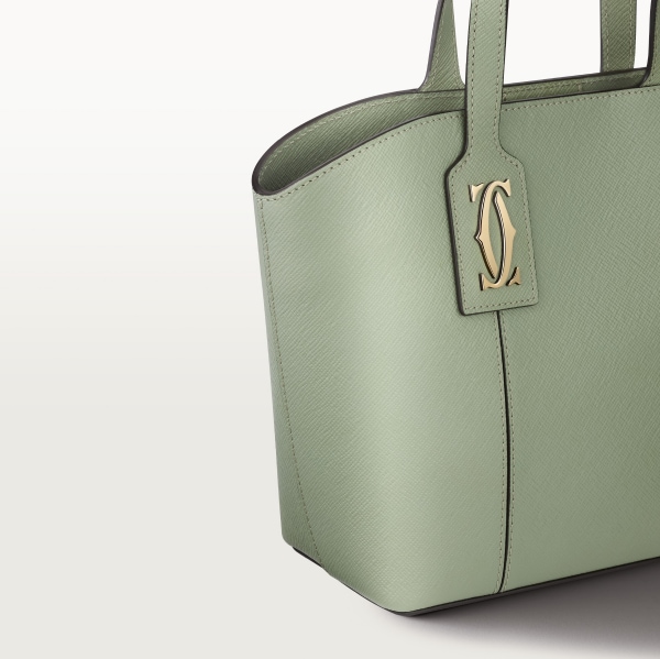 Mini tote bag, C de Cartier Sage green textured calfskin, embroidery, golden finish