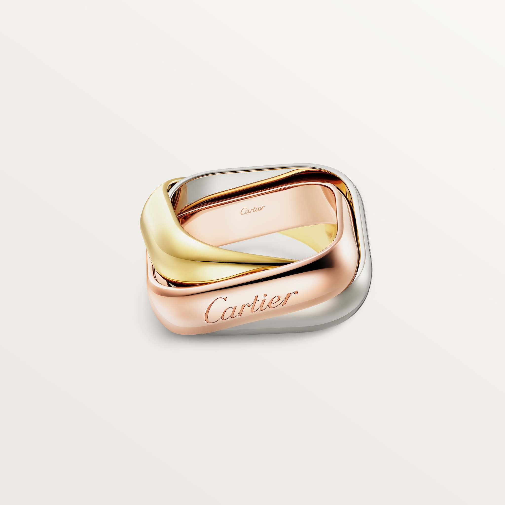 Trinity cushion ring, Large modelWhite gold, yellow gold, rose gold