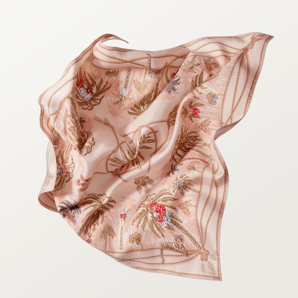 90 scarf, Jewellery Palm Trees Light pink silk twill