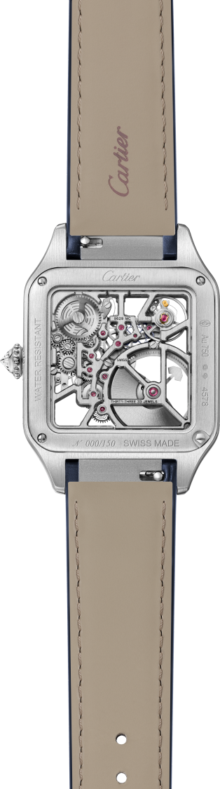 Santos-Dumont skeleton watch equipped with a micro-rotor Large model, automatic skeleton movement, white gold, diamonds, 2 leather straps