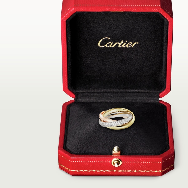 Trinity ring, classic model, semi-paved White gold, yellow gold, rose gold, diamonds