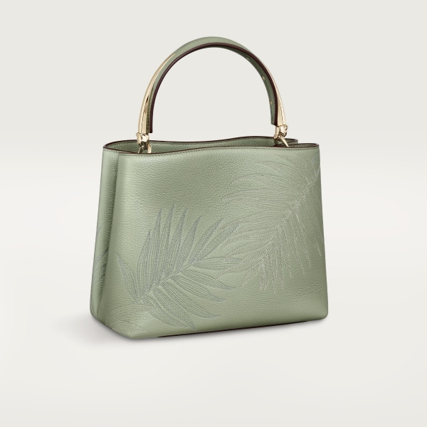 Small model handle bag, Panthère de Cartier Sage green calfskin and jungle embroidery, golden finish