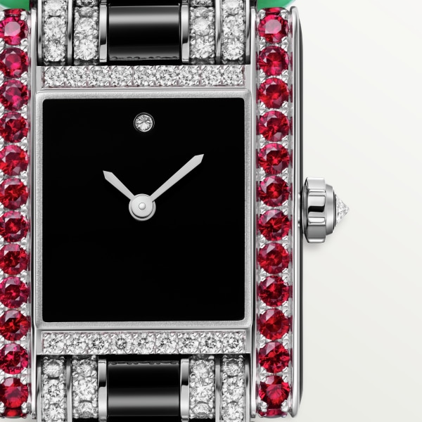 Tank jewellery watch Large model, quartz movement, white gold, diamonds, rubies, chrysoprase, onyx