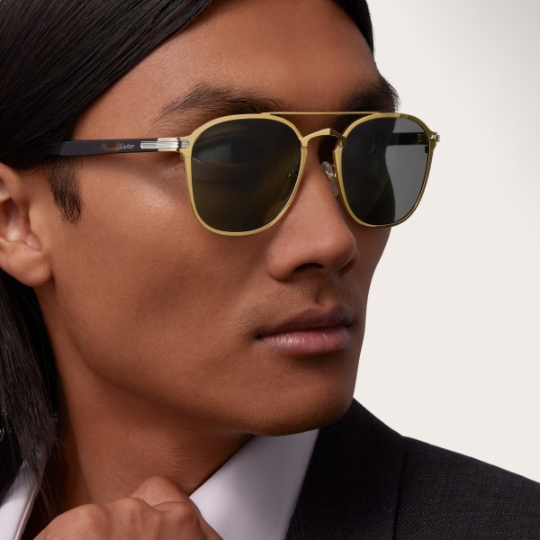 C de Cartier signature, Sunglasses Combined smooth golden and platinum-finish metal, tortoiseshell acetate, green lenses