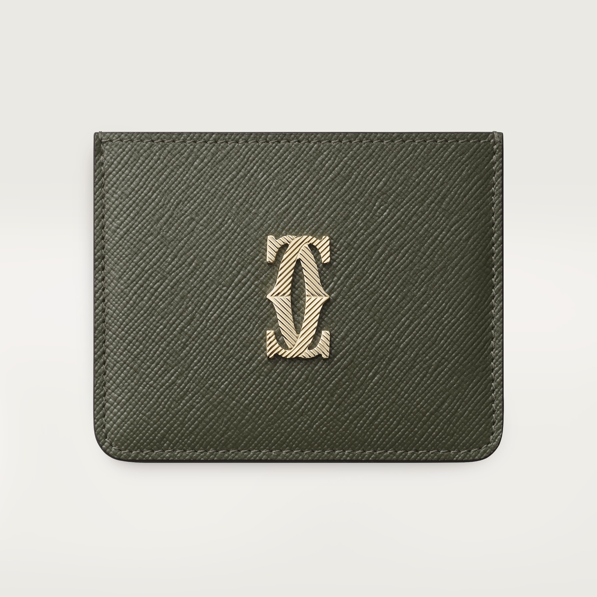 Card holder, C de CartierGreen tea calfskin, golden-finish with gadroon motif